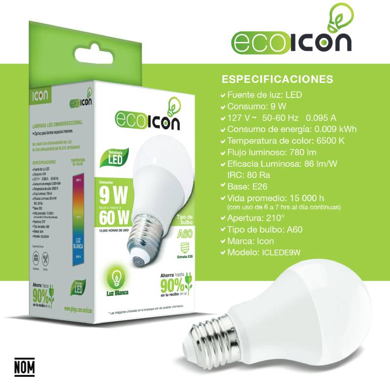 Foco Eco Icon Led 9w A60 Luz Blanca Ilumina 60w Pack 3 Pzas