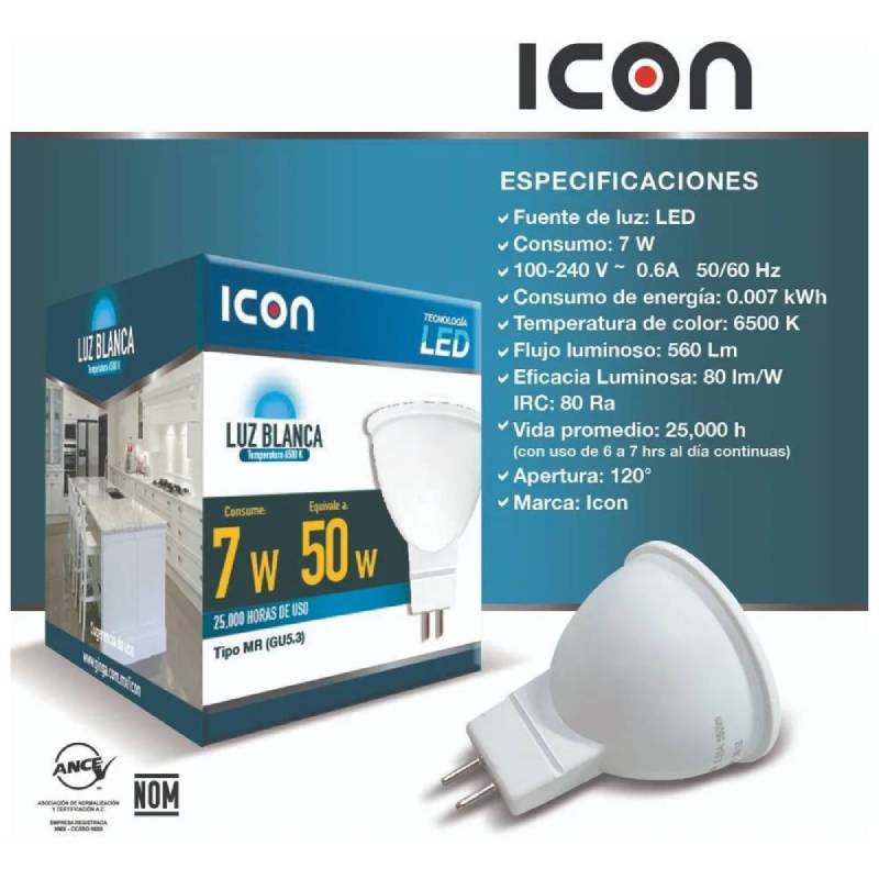 Pack 10 Pzas Foco Icon Led Mr16 7w Luz Blanca Ilumina 50w