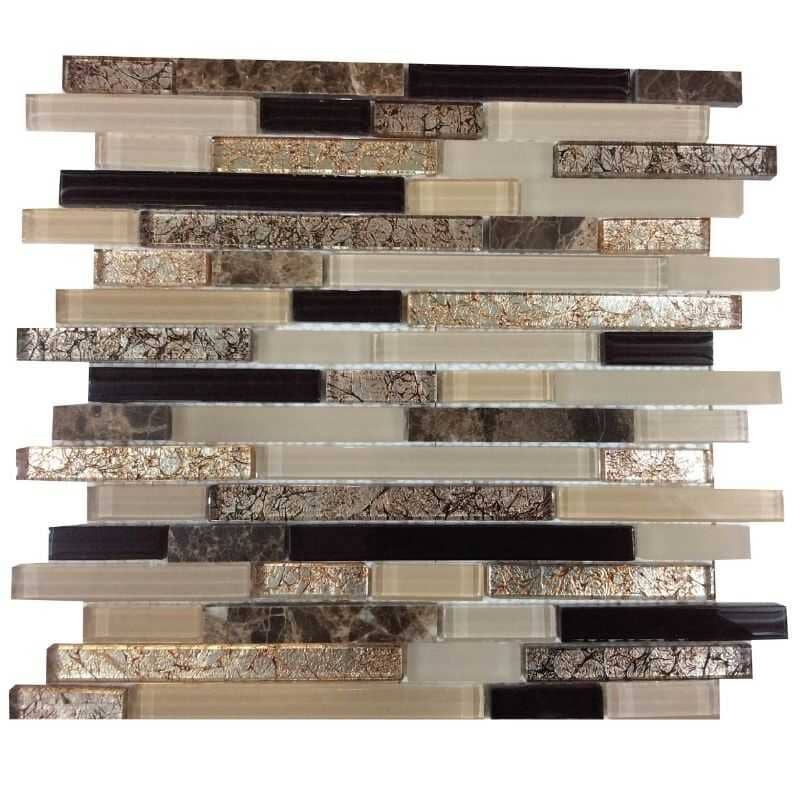 Malla o Mosaico Decorativo de vidrio y mármol PAM, medida 30 x 30 cms. (base por altura). Diseño en tonos cafés con detalles marmoleados. Caja de 5 piezas.