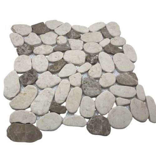 Malla o Mosaico Decorativo en piedra asimétrica LAV, medida 30.5 x 30.5 cms. (base por altura). Diseño en piedra tipo río tonos grises. Caja de 5 piezas.