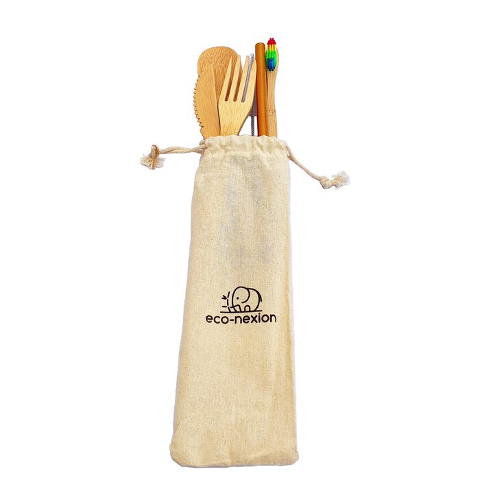 Kit de Cubiertos 7 Piezas Eco-nexion Reutilizable Portable 100% biodegradable. Hecho de bambú, Incluye Tenedor, Cuchillo, Cuchara, Popote, Cepillo para popote, Cepillo de dientes y Bolsa de algodón