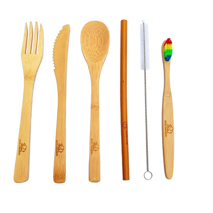 Kit de Cubiertos 7 Piezas Eco-nexion Reutilizable Portable 100% biodegradable. Hecho de bambú, Incluye Tenedor, Cuchillo, Cuchara, Popote, Cepillo para popote, Cepillo de dientes y Bolsa de algodón