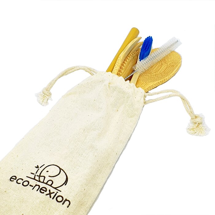 Kit de Cubiertos 7 Piezas Eco-nexion Reutilizable Portable 100% biodegradable. Hecho de bambú, Incluye Tenedor, Cuchillo, Cuchara, Popote, Cepillo para popote, Cepillo de dientes y Bolsa de algodón