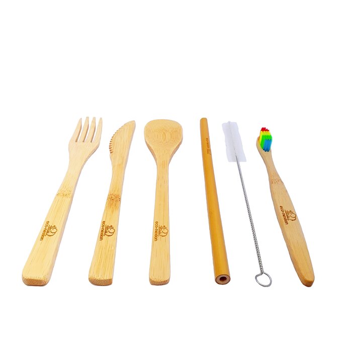 Kit de Cubiertos 7 Piezas Eco-nexion Reutilizable Portable 100% biodegradable. Hecho de bambú, Incluye Tenedor, Cuchillo, Cuchara, Popote, Cepillo para popote, Cepillo de dientes y Bolsa de algodón