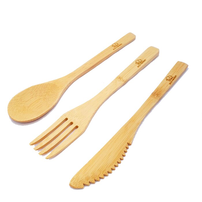 Kit de Cubiertos 7 Piezas Eco-nexion Reutilizable Portable 100% biodegradable. Hecho de bambú, Incluye Tenedor, Cuchillo, Cuchara, Popote, Cepillo para popote, Cepillo de dientes y Bolsa de algodón
