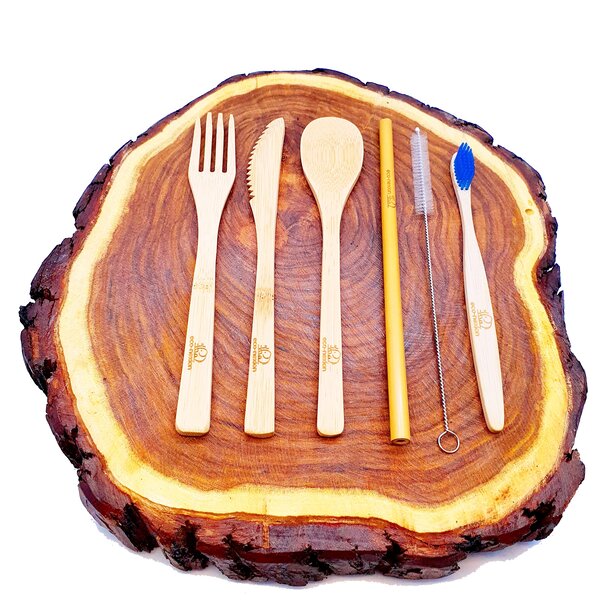 Kit de Cubiertos 7 Piezas Eco-nexion Reutilizable Portable 100% biodegradable. Hecho de bambú, Incluye Tenedor, Cuchillo, Cuchara, Popote, Cepillo para popote, Cepillo de dientes y Bolsa de algodón