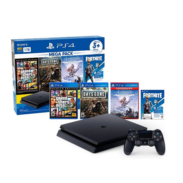 Sony Playstation 4 Slim 1tb Mega Pack: Grand Theft Auto V Premium Edition/days Gone/horizon Zero Dawn Complete Edition/fortnite Jet Black