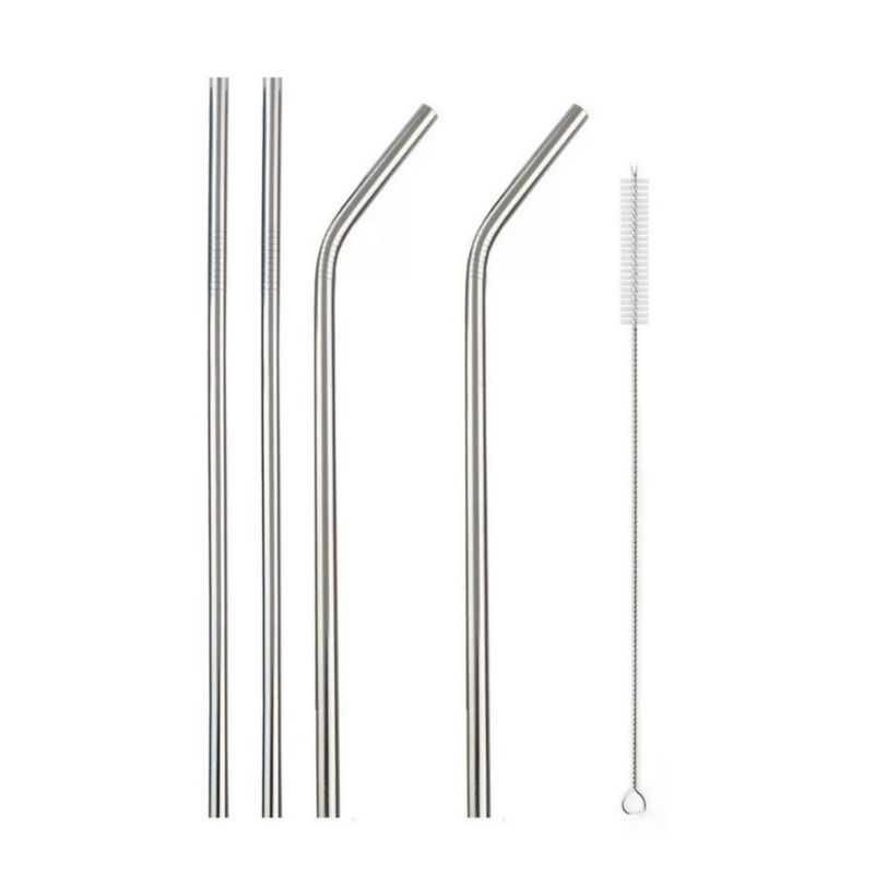 Kit 4 Popotes de Acero Inoxidable + 1 Cepillo, 5 piezas, LBP, Rectos y Curvos, 21cm (8.2in) -Plateado