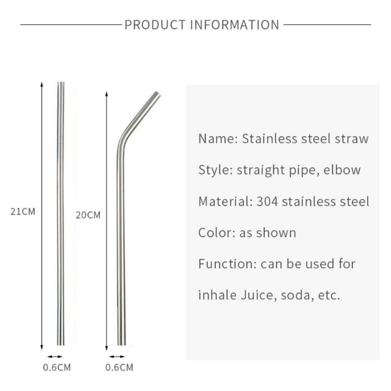 Kit 4 Popotes de Acero Inoxidable + 1 Cepillo, 5 piezas, LBP, Rectos y Curvos, 21cm (8.2in) -Plateado