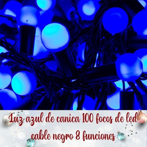 Serie Navideña 100 Led Luz Azul Foco De Canica 7 Metros Cable Negro