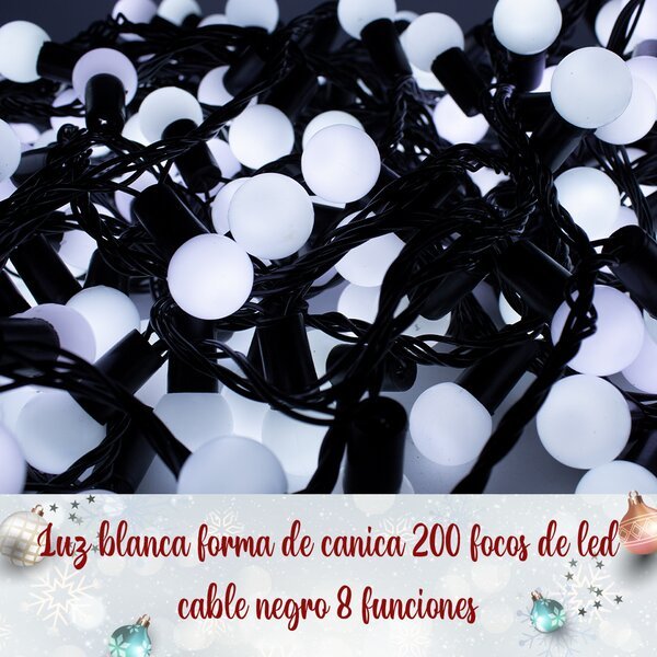 Serie Navideña 200 Led Luz Blanca Foco De Canica 13 Mts Cable Negro 