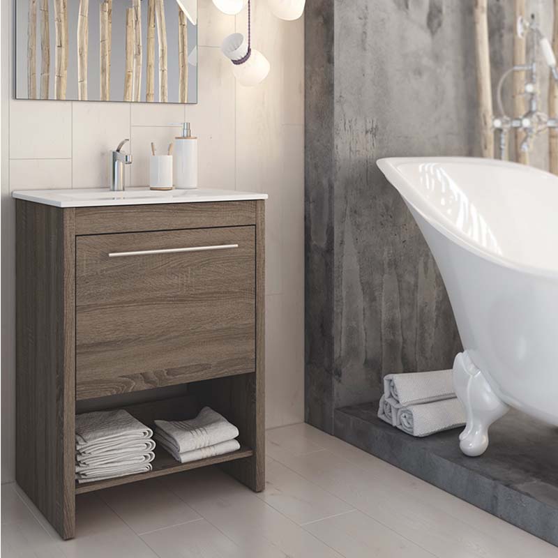 Set Mueble para baño a piso (Gabinete) MA60BR, con una puerta y entrepaño. El set incluye: lavabo de cerámica, espejo y monomando. Color Britannia.