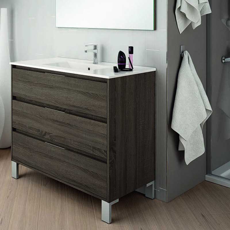 Set Mueble para baño a piso (Gabinete) SI80BR, con tres cajones. El set incluye: lavabo de cerámica, espejo y monomando.  Color Brittania.