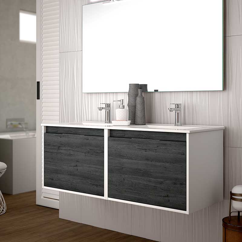Set Mueble para baño suspendido (Gabinete) VA120EB, con dos cajoneras y dos cajones interiores. El set incluye: lavabo de cerámica, espejo y monomando. Color Ebony.