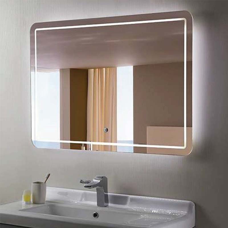 Espejo de Baño JA con iluminación LED de 120 X 70 cms. (base por altura) con pantalla táctil (touch screen), forma rectangular con esquinas redondeadas. Conexión de clavija a luz eléctrica.