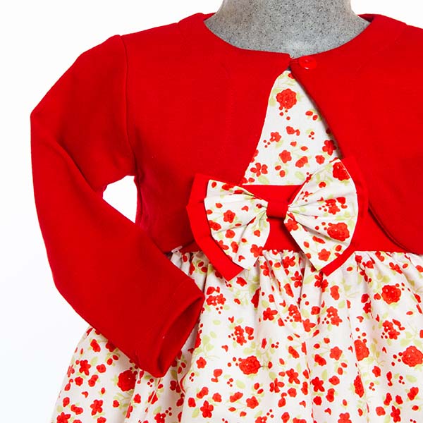 Vestido color Blanco con Flores y Torera Roja 0 a 6 años.