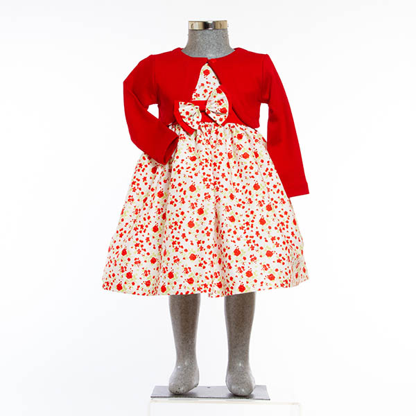 Vestido color Blanco con Flores y Torera Roja 0 a 6 años.