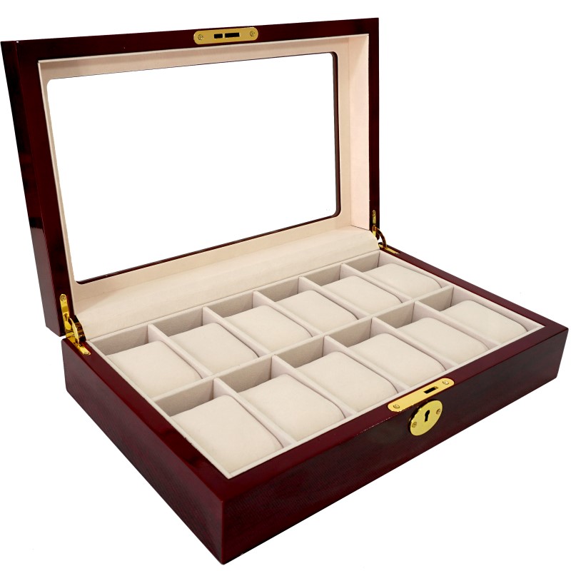 Estuche Exhibidor Caja Para 12 Relojes De Madera Color CEREZA Con Llave CWB121202CHERRY Compracom