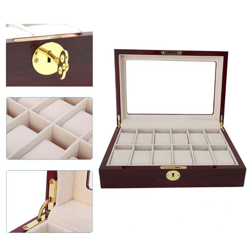 Estuche Exhibidor Caja Para 12 Relojes De Madera Color CEREZA Con Llave CWB121202CHERRY Compracom