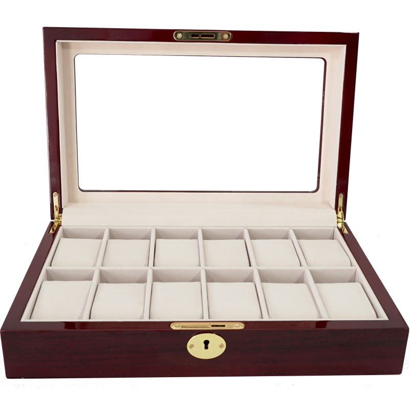 Estuche Exhibidor Caja Para 12 Relojes De Madera Color CEREZA Con Llave CWB121202CHERRY Compracom