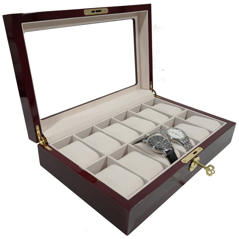 Estuche Exhibidor Caja Para 12 Relojes De Madera Color CEREZA Con Llave CWB121202CHERRY Compracom