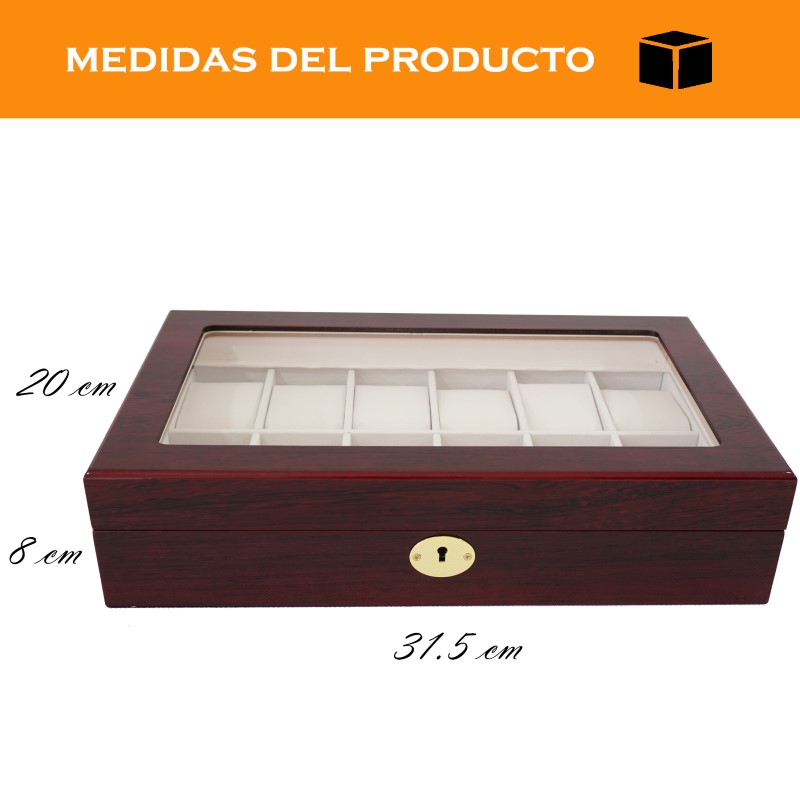 Estuche Exhibidor Caja Para 12 Relojes De Madera Color CEREZA Con Llave CWB121202CHERRY Compracom