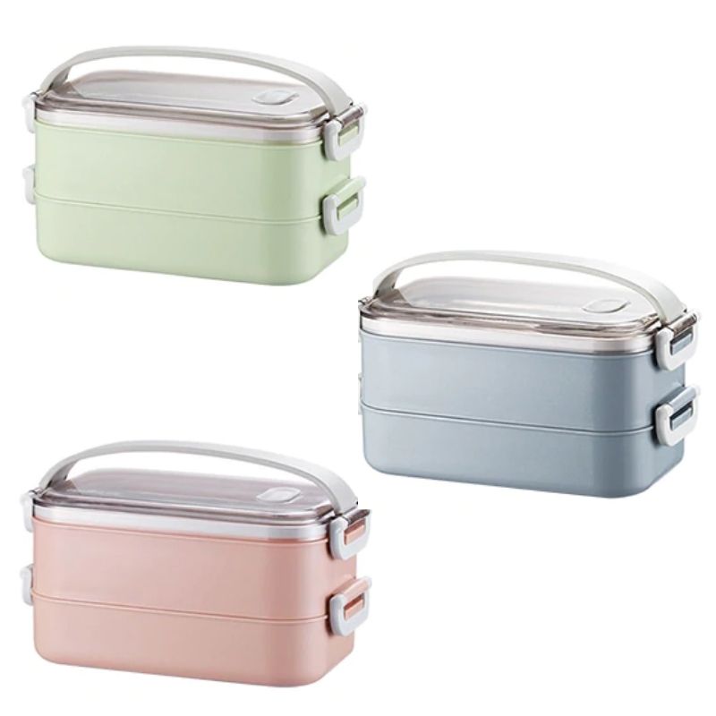 Lunch Box, Fiambrera, Tupper 2 Niveles con Asa, LBP, Acero Inox, Contenedor Alimentos, 21cm (8.2in) -Azul