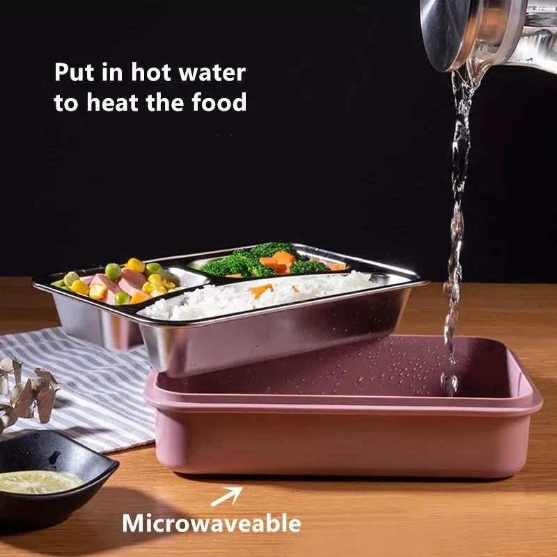 Lunch Box, Fiambrera, Tupper Acero Inox 3 Compartimentos, LBP, Contenedor Alimentos, 22cm (8.6in) -Rosa