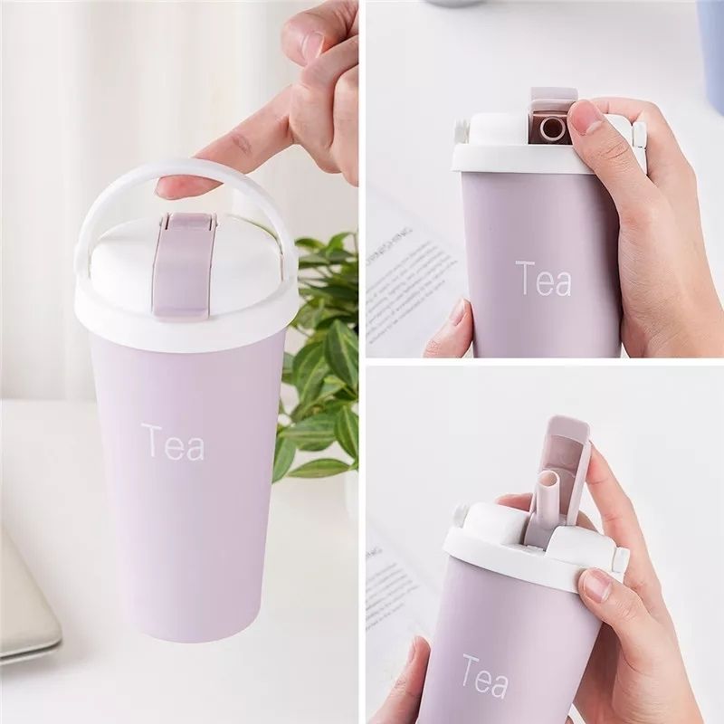 Taza Termo Tapa con Popote y Asa, LBP, Acero Inoxidable, Agua Café Té, 500ml -Gris
