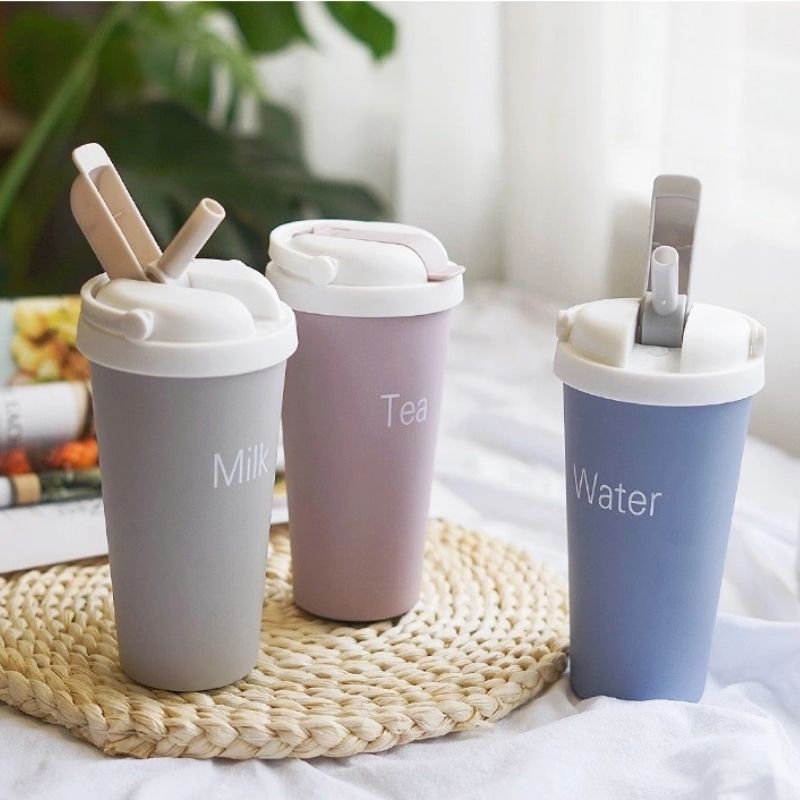 Taza Termo Tapa con Popote y Asa, LBP, Acero Inoxidable, Agua Café Té, 500ml -Gris
