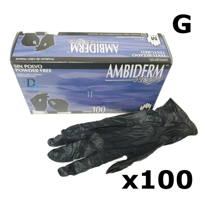 100 Guante negros Talla Grande desechable látex Ambiderm caja con 100 pzas