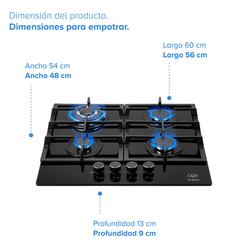 AVERA Parrilla de Gas para Empotrar Vidrio Templado con 4 Quemadores HEV4
