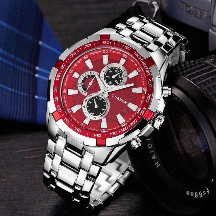 Reloj de Hombre Metálico Curren 8023 Plateado Rojo Clásico y Elegante - Main Image