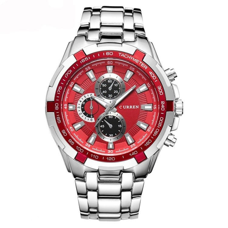 Reloj de Hombre Metálico Curren 8023 Plateado Rojo Clásico y Elegante