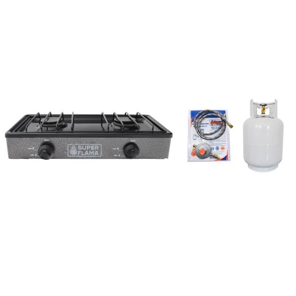 COMBO PRACTI FLAMA GRAY PARRILLA SOBREMESA 2Q-R + KIT DE CONEXIÓN + TANQUE de 8.9 kg