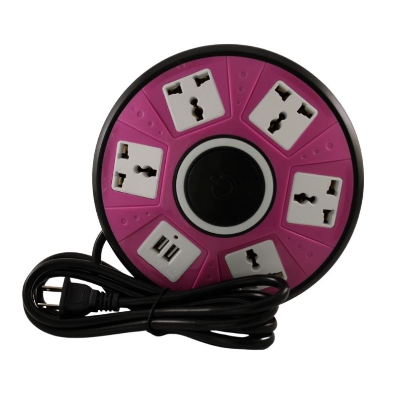 Multicontacto Universal Circular 5 Contactos 2 Puertos USB, LPB, Cable de Enchufe -Rosa