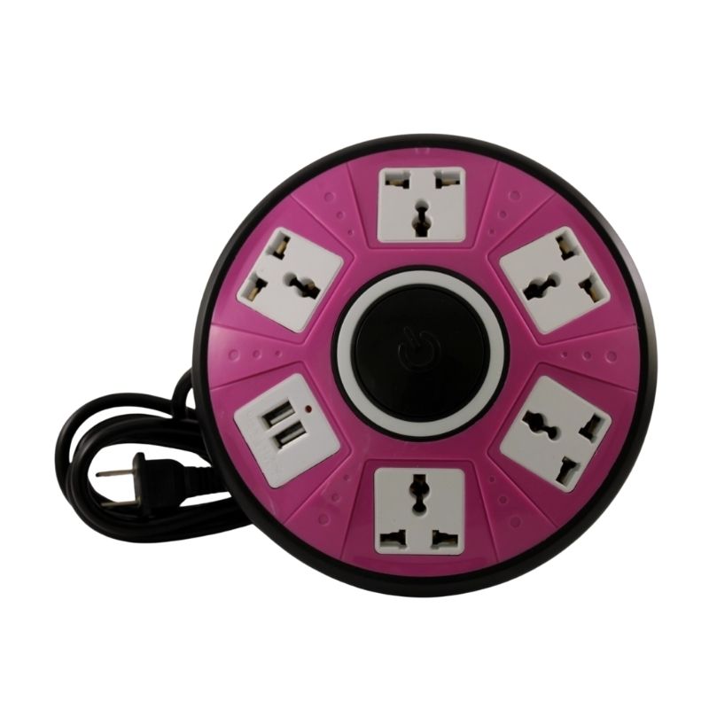 Multicontacto Universal Circular 5 Contactos 2 Puertos USB, LPB, Cable de Enchufe -Rosa