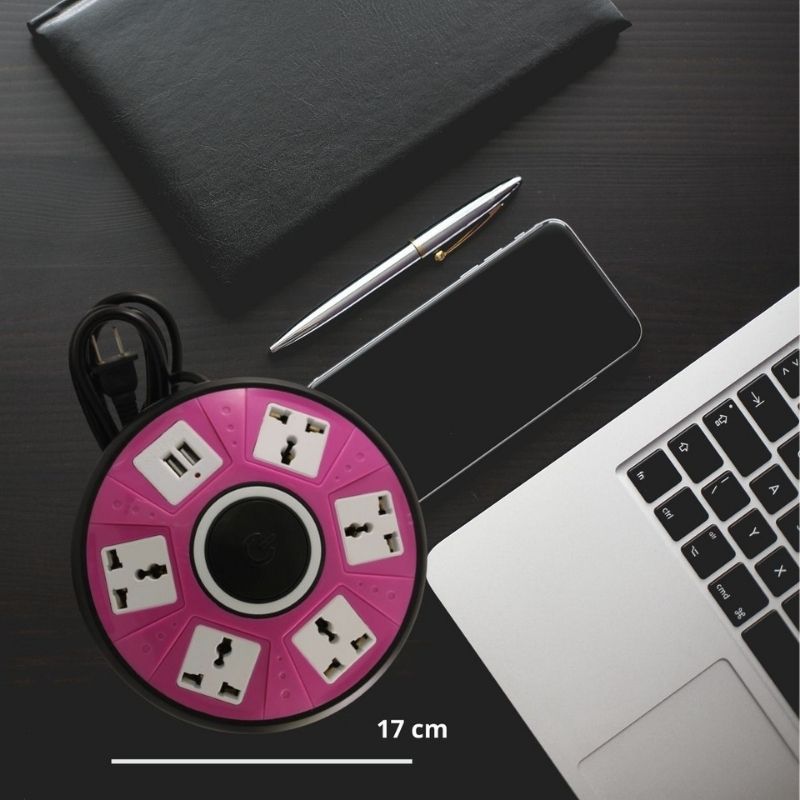 Multicontacto Universal Circular 5 Contactos 2 Puertos USB, LPB, Cable de Enchufe -Rosa