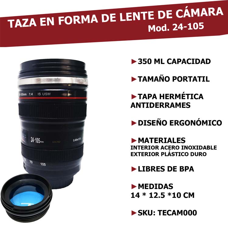 FASHION ELECTRONICS Termo Taza  en Forma de Lente de Cámara de Acero Inoxidable, con Tapa Hermética Antiderrames, Mantiene la Temperatura Hasta por 3 Horas, Capacidad de 350 ml. Ideal para Regalar