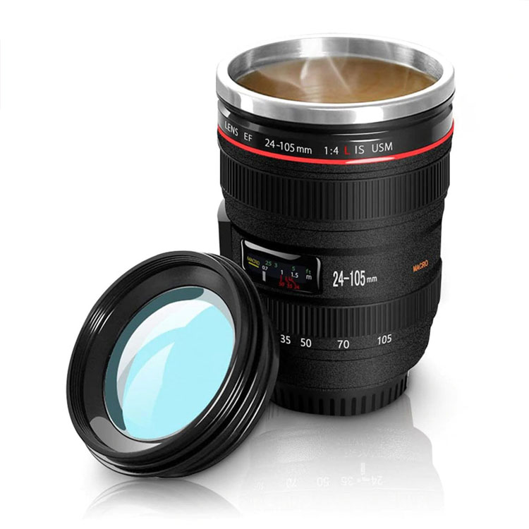 FASHION ELECTRONICS Termo Taza  en Forma de Lente de Cámara de Acero Inoxidable, con Tapa Hermética Antiderrames, Mantiene la Temperatura Hasta por 3 Horas, Capacidad de 350 ml. Ideal para Regalar