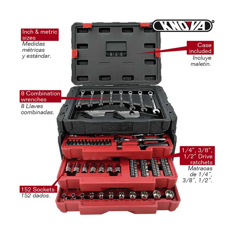 Knova Juego Herramientas Autoclé para Mecánico profesional 320 piezas c/estuche 3 cajones para dados, extensiones, puntas y más
