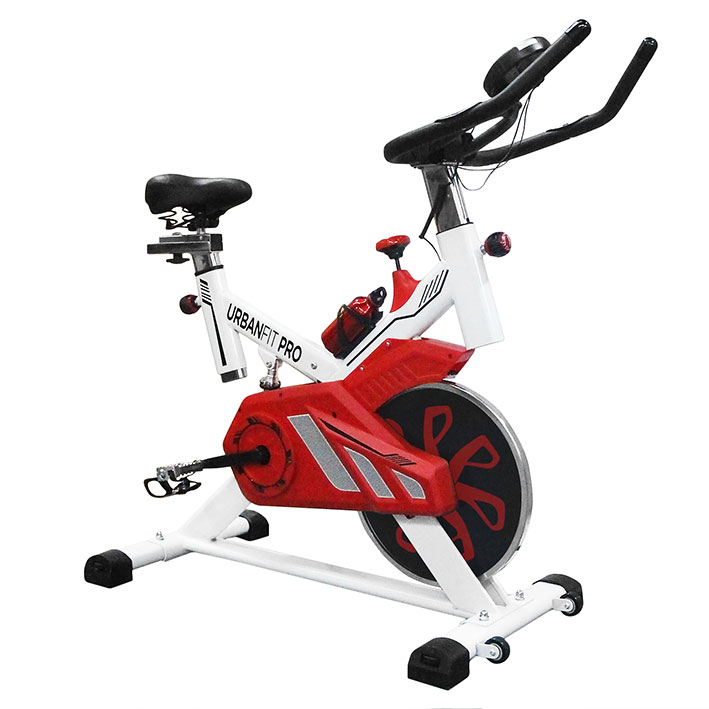 Bicicleta Spinning Uso Rudo 18 kilos Banda profesional con agarres de frecuencia Blanco