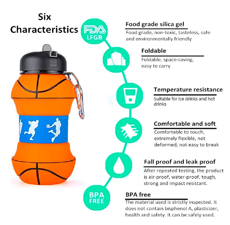 MADIOLA Botella de Agua Deportiva en forma de balón de Basquetbol. Botella plegable para Viaje. Termo para niños