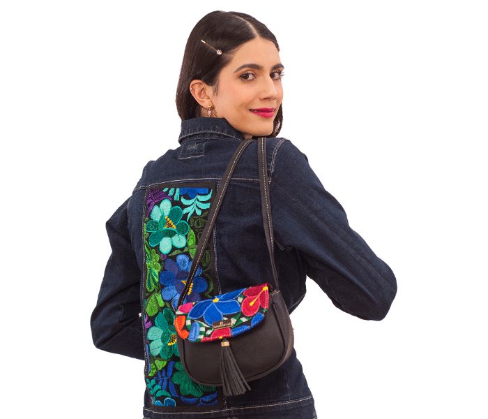 Bolso de Piel Sintetica Bordado Artesanal para Dama Angy Negro