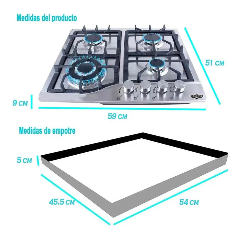 Parrilla Gas 4 Quemadores Acero Inox Hogar Empotrable Cocina