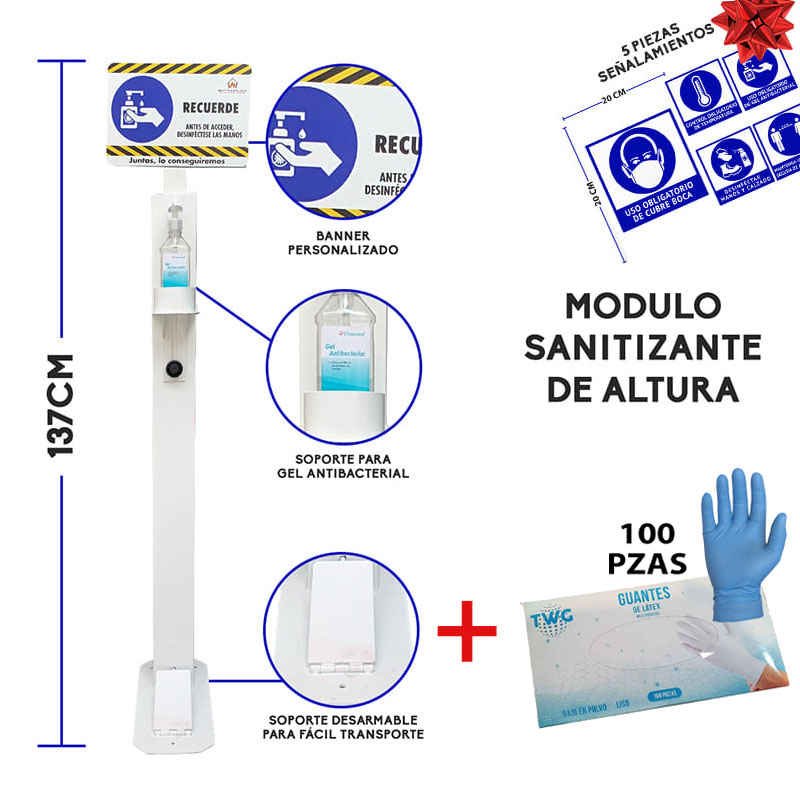 100pzas Guantes De Latex + Dispensador Gel Antibacterial + Letrero 20cmx20cm