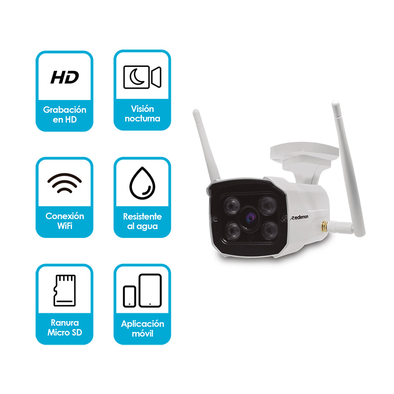 REDLEMON Cámara de Seguridad para Exteriores WiFi IP, High Definition, Contra Agua, Detección de Movimiento, Resolución 1280x720P