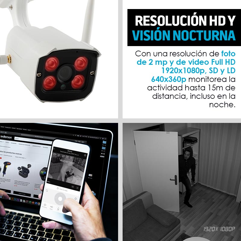 REDLEMON Cámara de Seguridad para Exteriores WiFi IP, High Definition, Contra Agua, Detección de Movimiento, Resolución 1280x720P