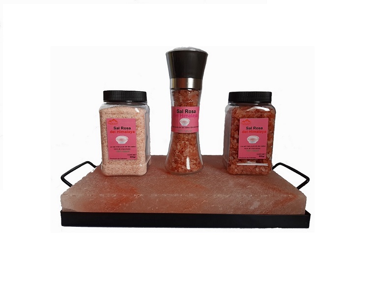 Tabla De Sal Del Himalaya 30x20x4 + Base De Acero+ 1 Kg De Sal Rosa + Molino