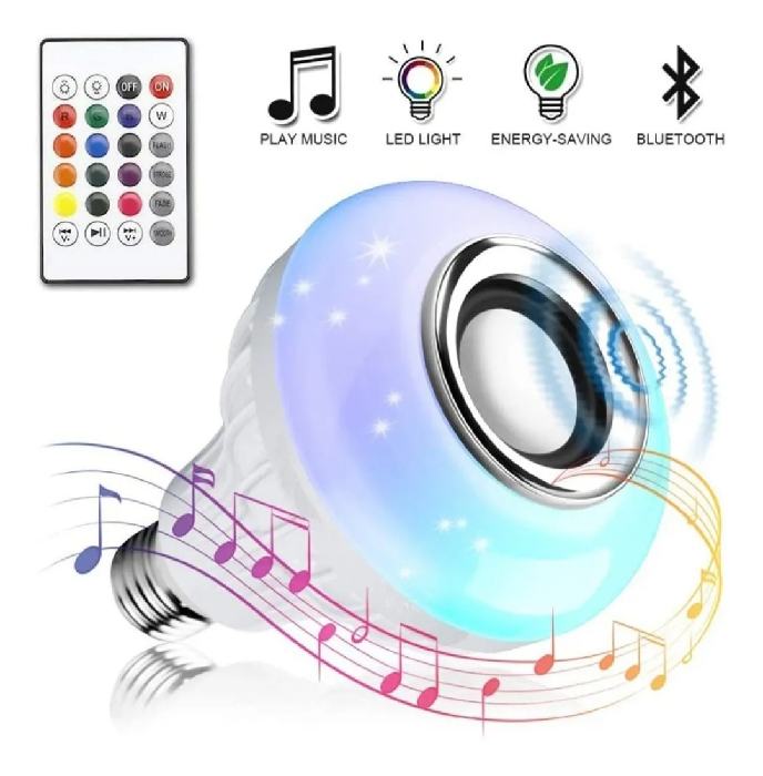 Foco bocina Bluetooth multicolor Rgb LED con control remoto.